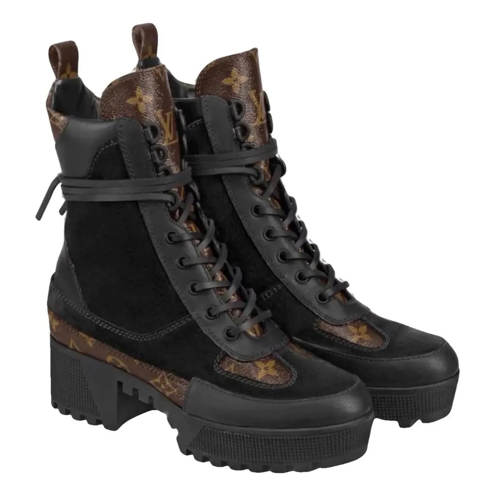 Louis Vuitton Black and Brown Monogram Lace-Up Platform Ankle Boots - Picture 2 of 12